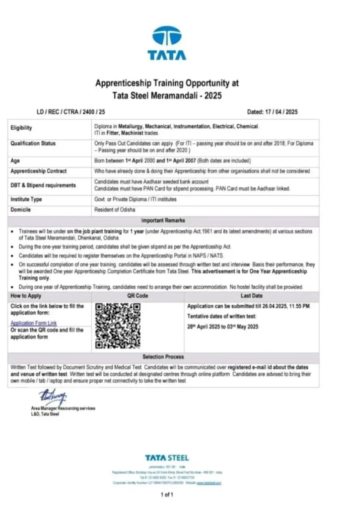 Tata Steel Apprentice Recruitment Vacancy 2025